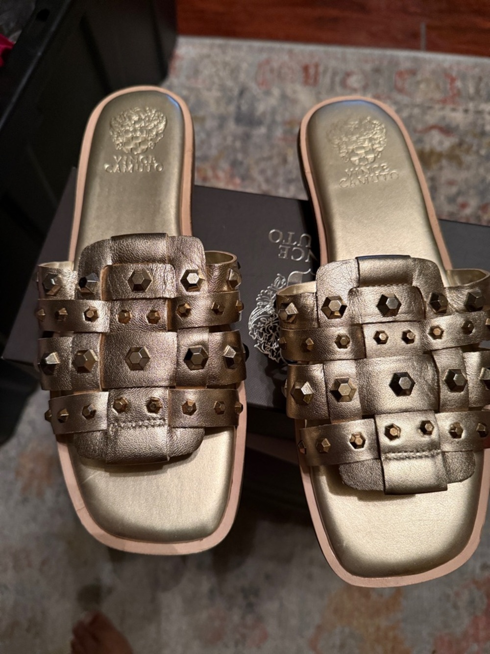 Vince Camuto Metallic Gold Studded Woven Slide Sandals
